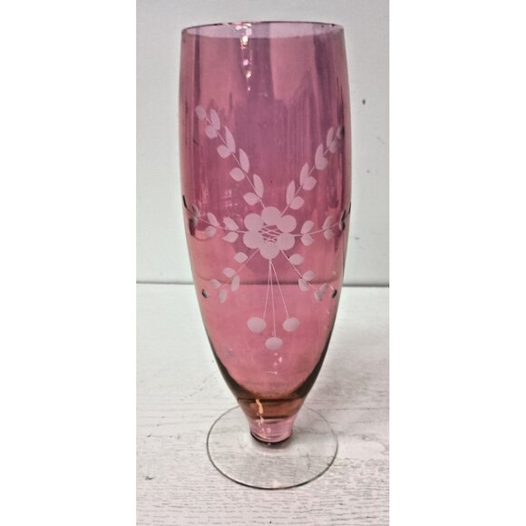 Vintage Blown Cranberry Art Glass Vase Etched Floral Iridescent Flash Footed - Picture 1 of 8